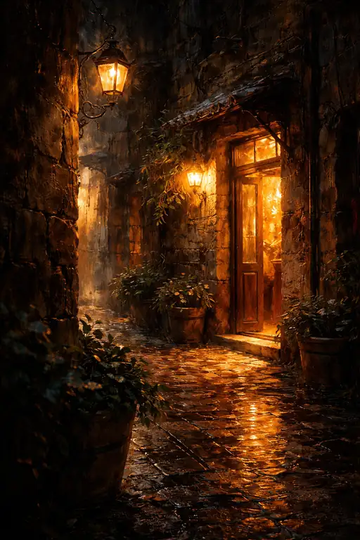 Whispers of the Wet Cobblestones Under Golden Glow