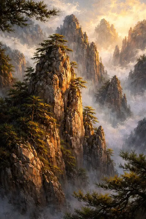 Pines Anchored in Golden Mist