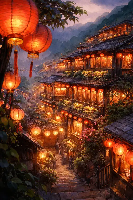 夕闇に灯る山郷