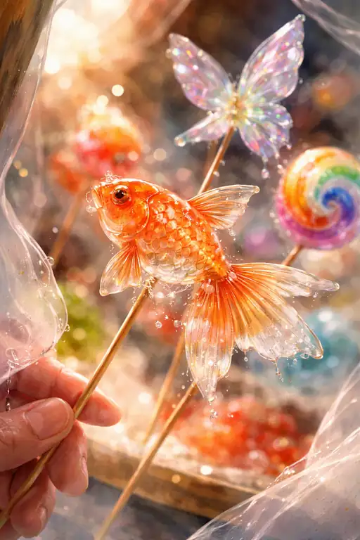 黄金に輝く飴細工の金魚