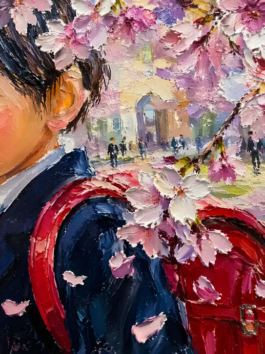 桜舞う道、真新しいランドセル