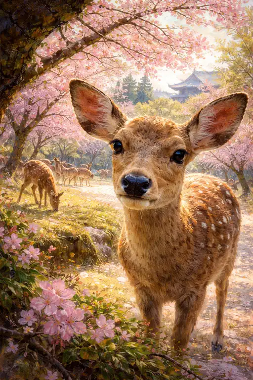 春の黄金光に憩う仔鹿