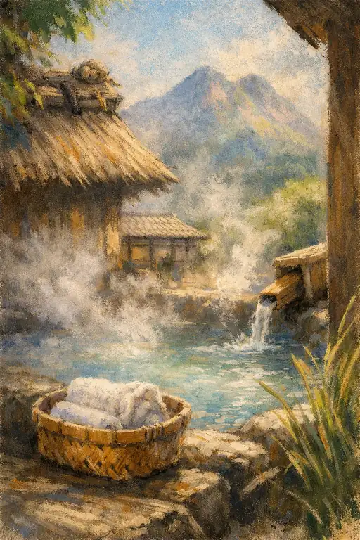 山霞みに包まれた茅葺の湯だまり