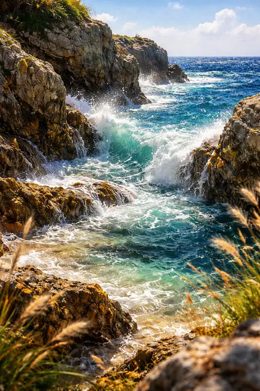 険しい崖に砕ける波
