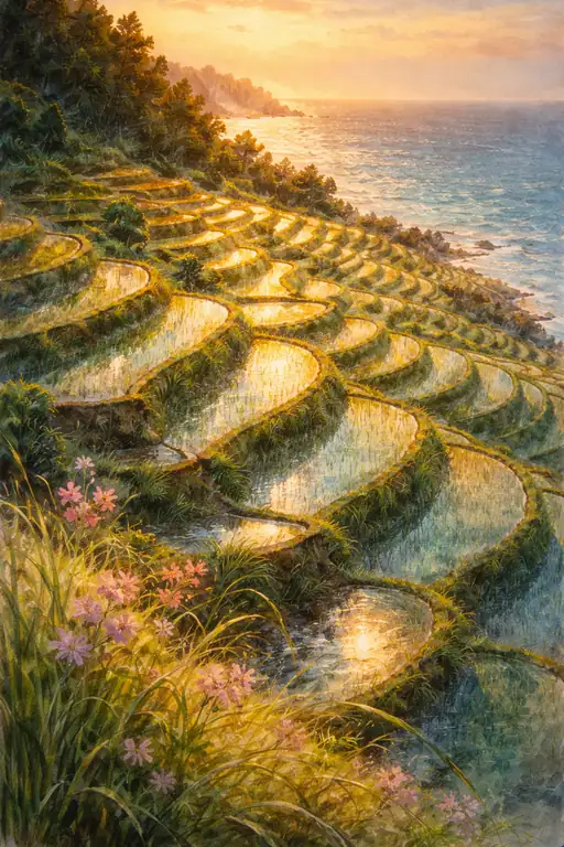 黄金の棚田：夕陽の抱擁