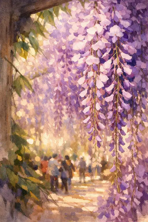 藤の雨が降る午後の庭