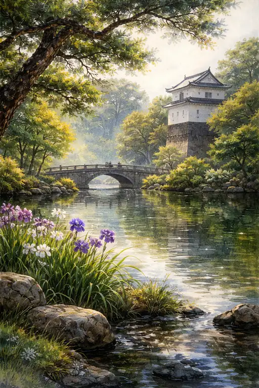 城郭と菖蒲の夏の静寂