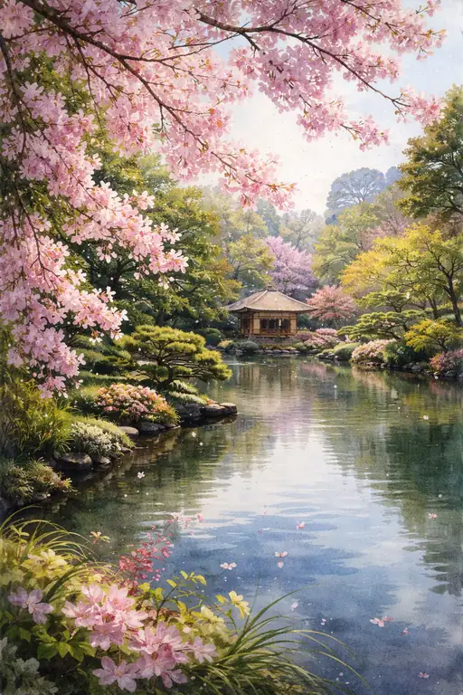 静かな庭に映る桜影