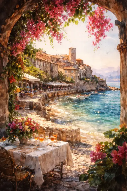 Bougainvillea Breeze over the Azure Sea