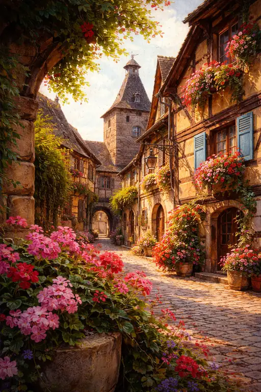 Floral Symphony in the Medieval Alley