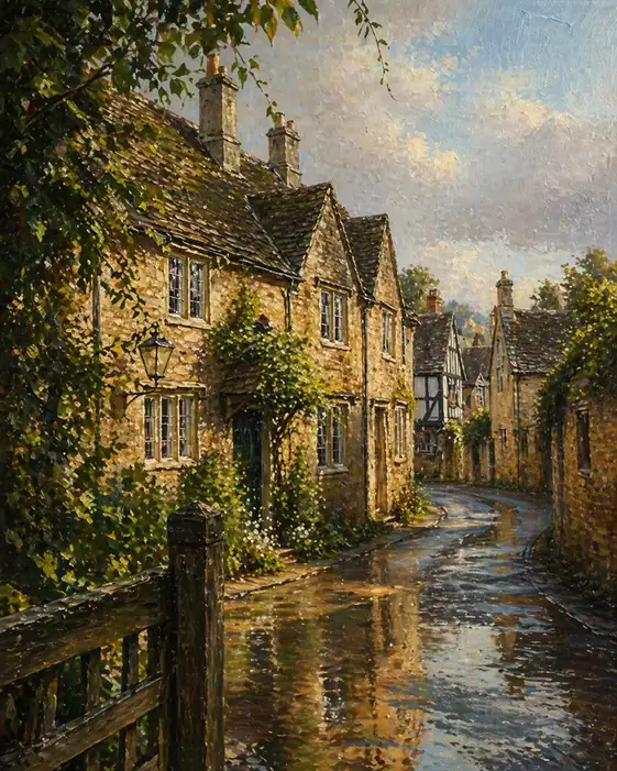 Rainy Cotswolds Street