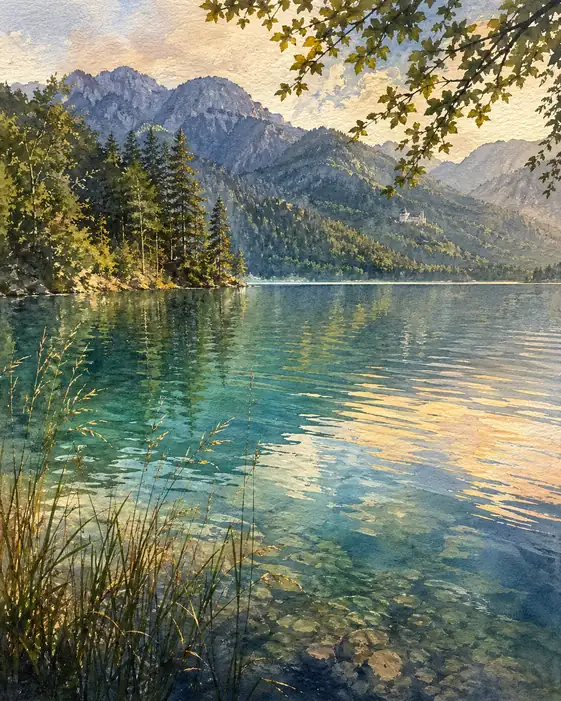 The Tranquil Beauty of a Crystal-Clear Alpine Lake and Its Distant Castle