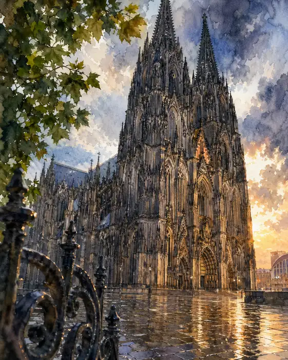 雨上がりの夕陽に照らされ神々しく輝くケルン大聖堂