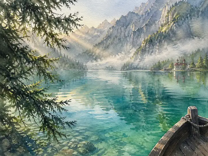The Profound Silence of a Crystal-Clear Alpine Lake and a Lonely Boat