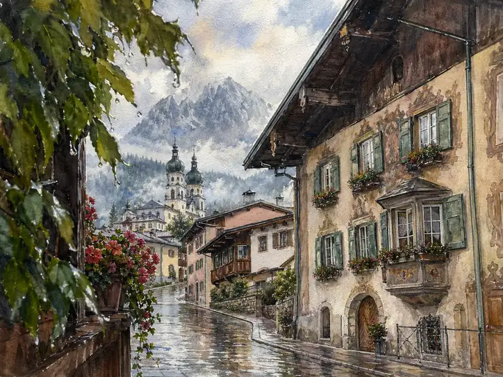 A Charming Alpine Village Glistening Under a Gentle Rainfall