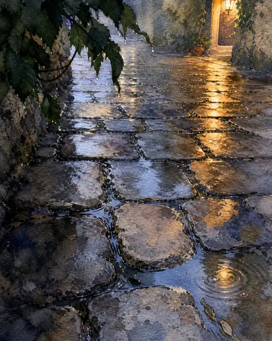 雨上がりの小路、光の残響
