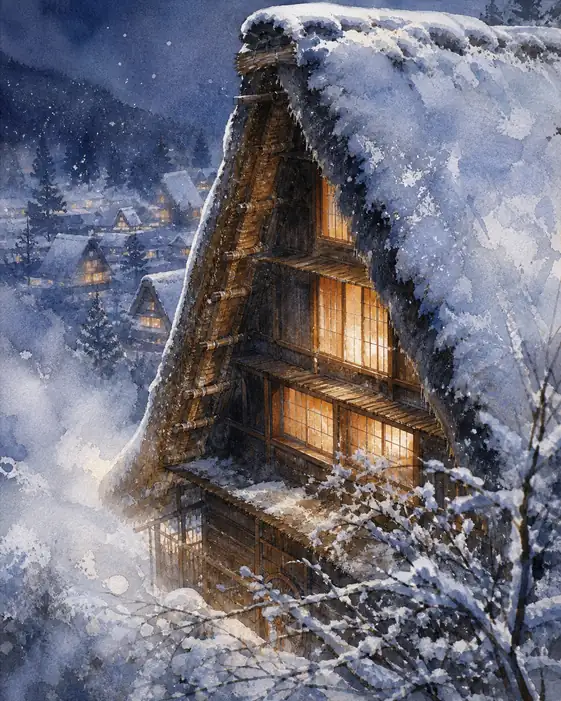 雪夜に灯る琥珀色の安らぎ、静寂に眠る合掌造りの村落
