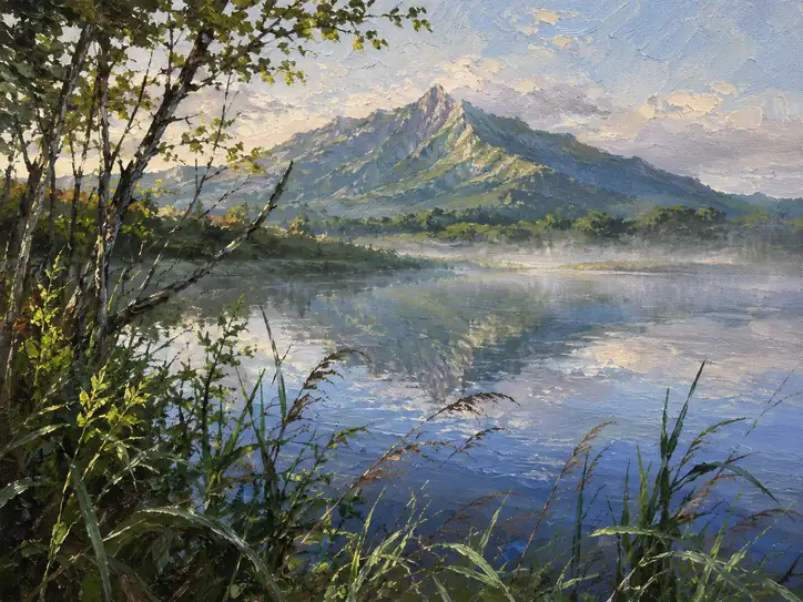 Morning Mirror: The Peak's Reflection in Still Blue Waters