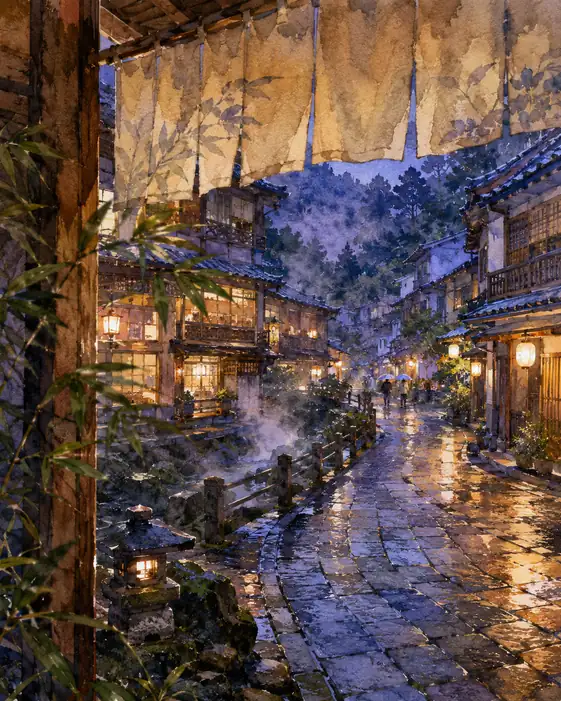 雨上がりの街、提灯の温もりに導かれて
