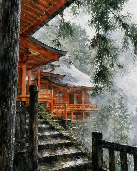 霧雨に煙る朱の社