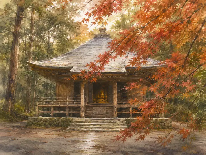 紅葉の陰、静寂に灯る金色の光
