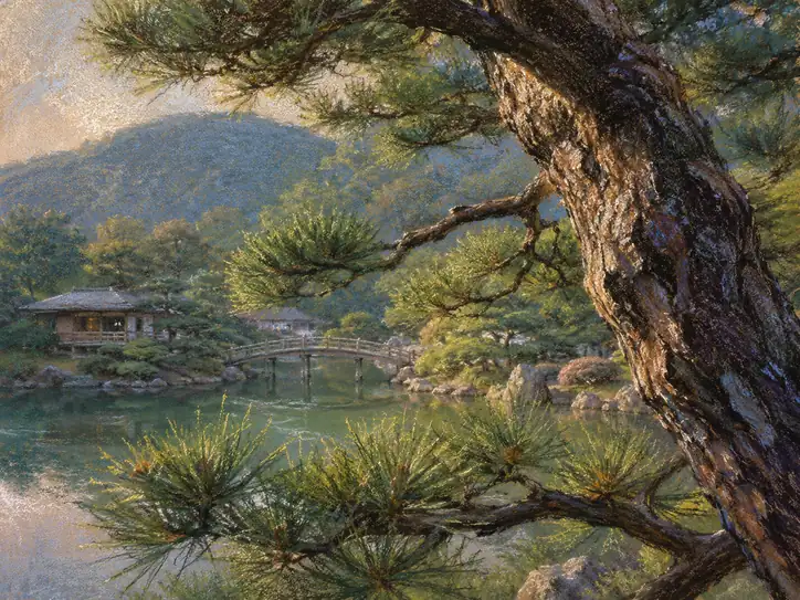 Golden Peace in the Pine-Framed Garden