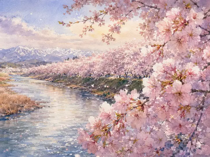 春水の調べ、桜並木と冠雪の嶺