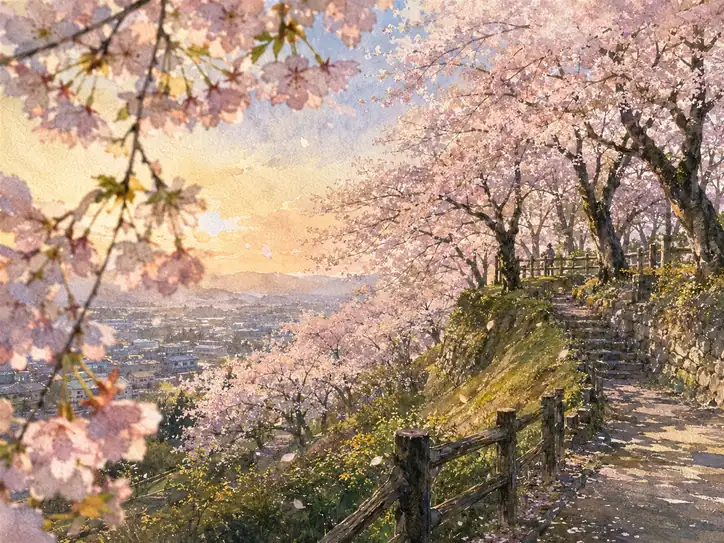 桜の坂道、夕映えの街を見守る花の回廊