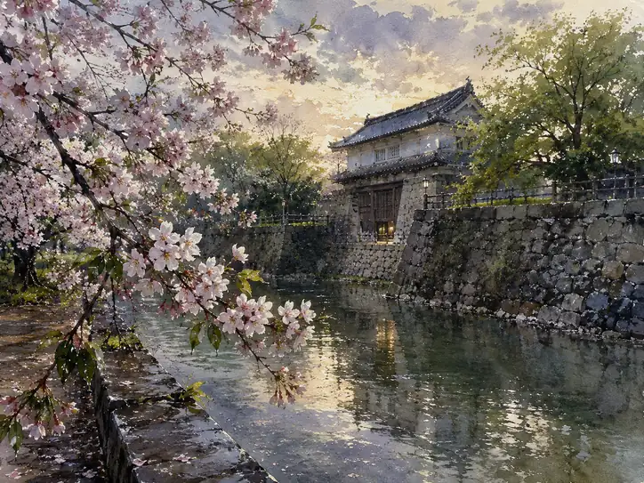 古城の春、石垣と桜が織りなす宵の鏡