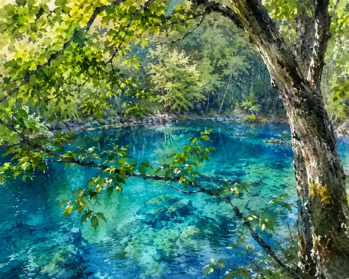 Azure Sanctuary through the Leafy Window