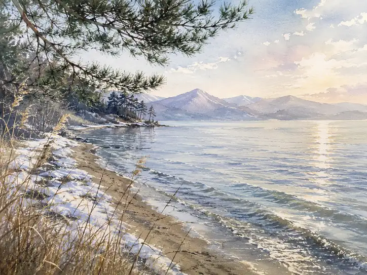Winter Calm on the Snowy Lakeshore