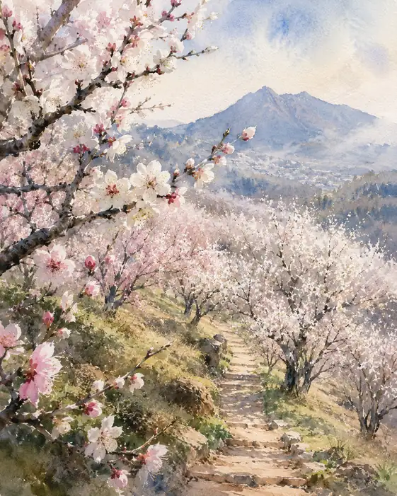春霞に誘われて、花咲く山道