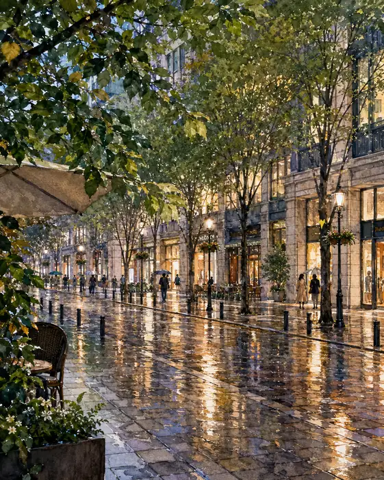 雨霧の街角、黄金の輝きが満たす夕暮れ