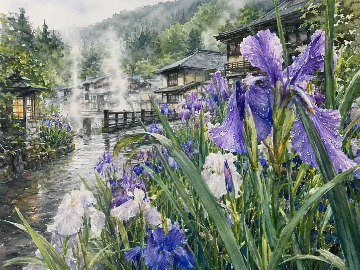 Purple Whispers in the Onsen Mist