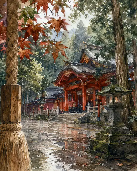 秋雨に濡れる神域、静寂の刻