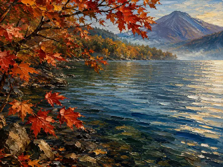Autumn's Fiery Embrace over the Silent Lake