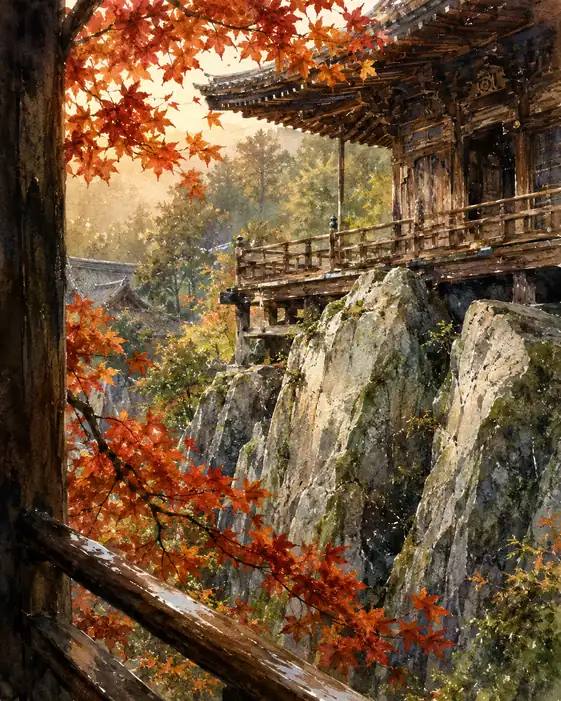Crimson Reverie on the Temple Veranda