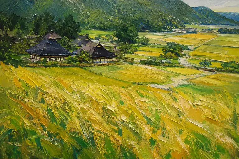 Golden whispers of the autumn harvest dancing upon the ancient rice fields here.