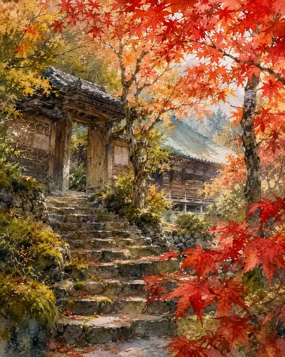 紅葉に染まる、静寂への階
