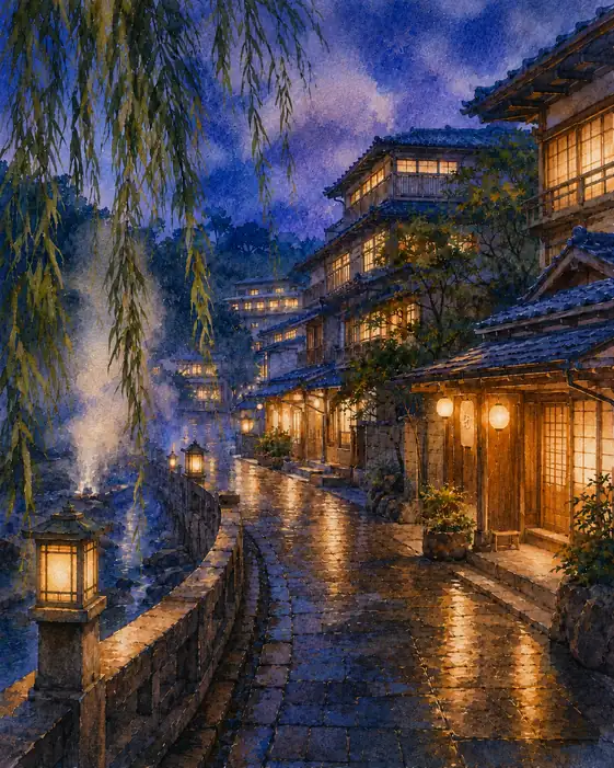 提灯と柳が紡ぐ夜の子守唄