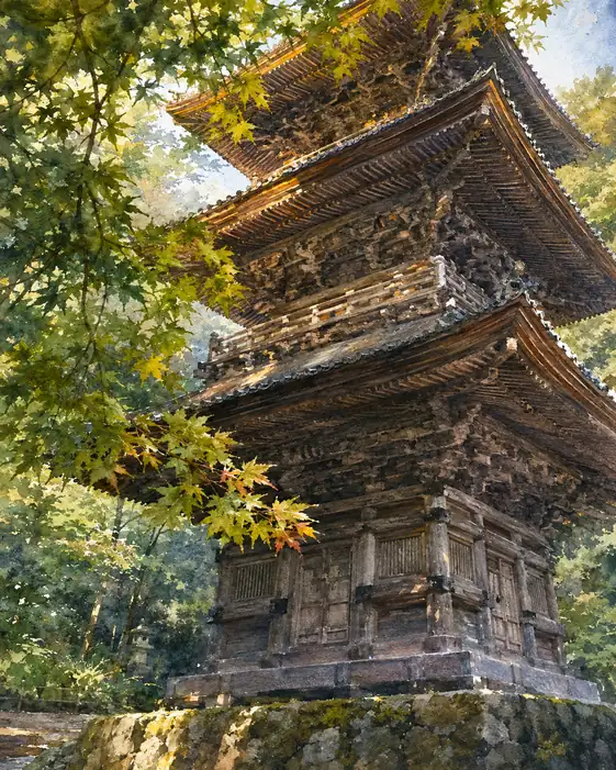 楓越しに仰ぐ森の三重塔