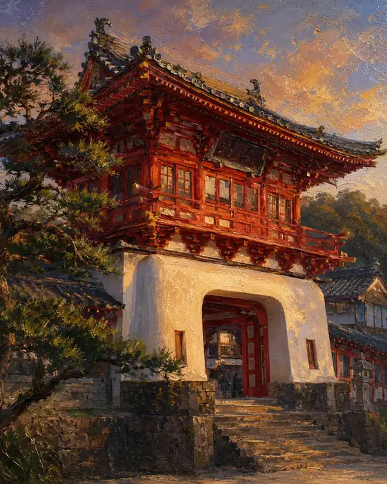 黄金色の夕日に照らされて、悠久の時を刻み続ける朱塗りの楼門が放つ、歴史と静謐の詩