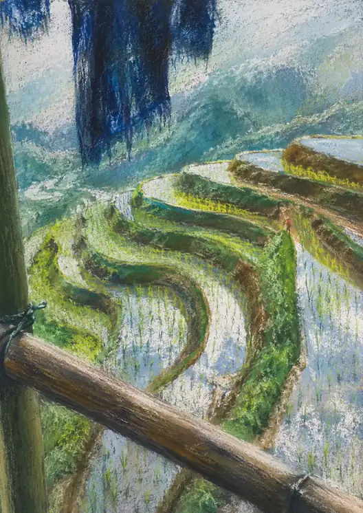 緑の棚田を渡る藍色の風