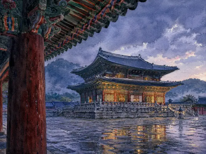 雨洗う石畳に、千年の灯火を