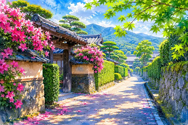 石畳にこぼれるつつじの小路