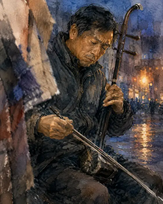 雨上がりの街角、孤独を溶かす調べ