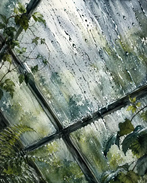 硝子屋根に響く雨の歌