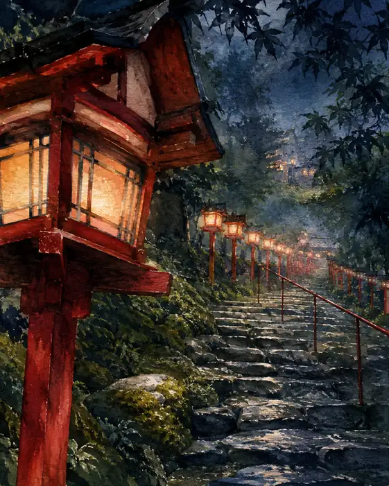 朱塗りの灯火が導く神域の石段