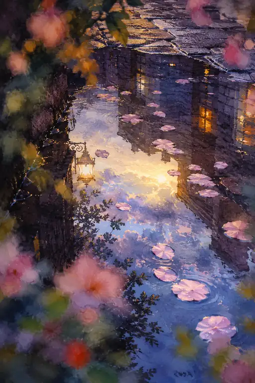 夕焼け空に浮かぶ花びら