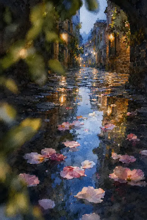 花びらが漂う青い小径